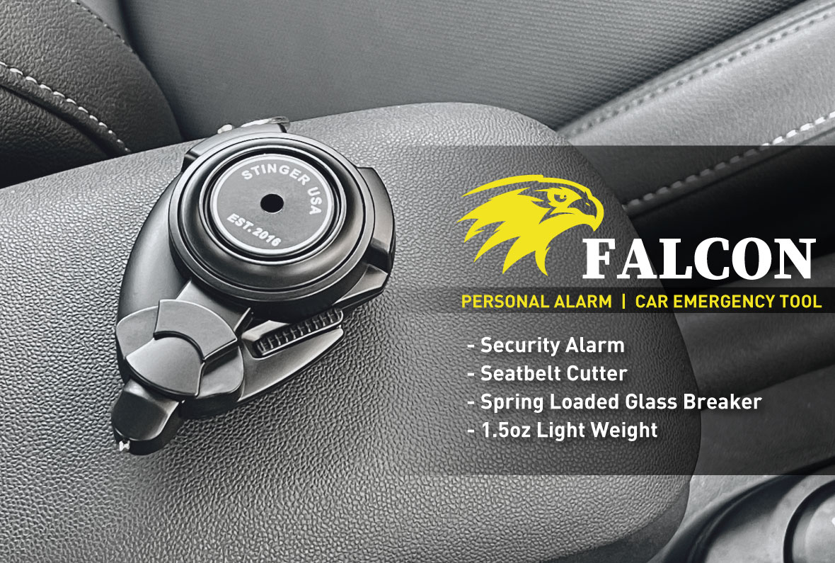 Stinger Falcon Personal Alarm Vehicle Emergency Escape Tool: Spring Loaded Window Breaker Punch, Razor Sharp Seat belt Cutter