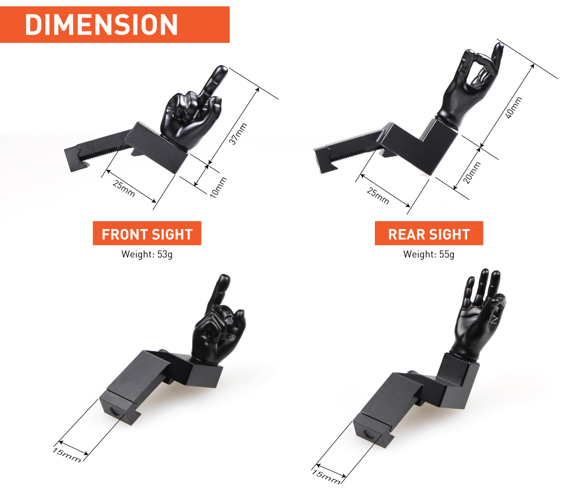Stinger Novelty Finger Sights Set, Offset 45 Degree, OK Hand, Middle Finger, Flip Off, Backup Front and Rear Iron Sight BUIS Set, Fit Picatinny Rail and Weaver Rail, AR-15, Rifle