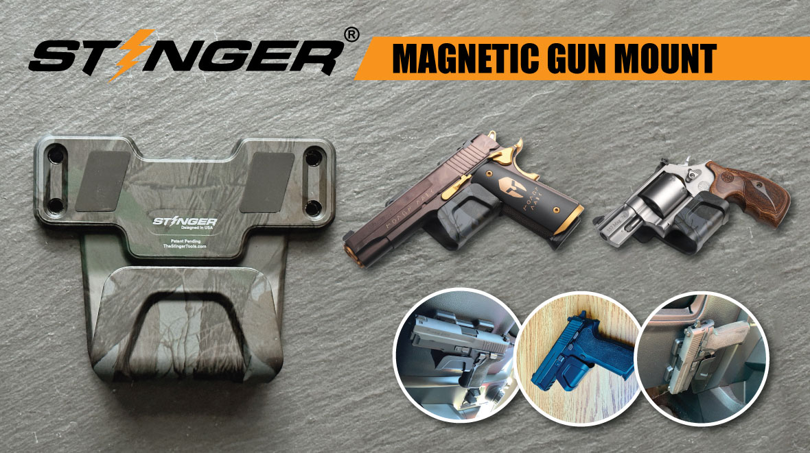 Stinger Magnetic Gun Mount with Safety Trigger Guard Protection, Wall Mounted Gun Rack, Firearm Concealed Holder for Handgun Rifle Shotgun Pistol Revolver, Car Storage, Desk Gun Holster (2 Pack)