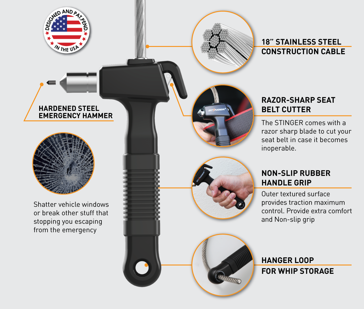 1 pc Black STINGER Life-Saving Whip Car Emergency Escape Tool: Hardened Steel Car Window Breaker Hammer Non-Slip Rubber Handle Grip Seat Belt Cutter 
