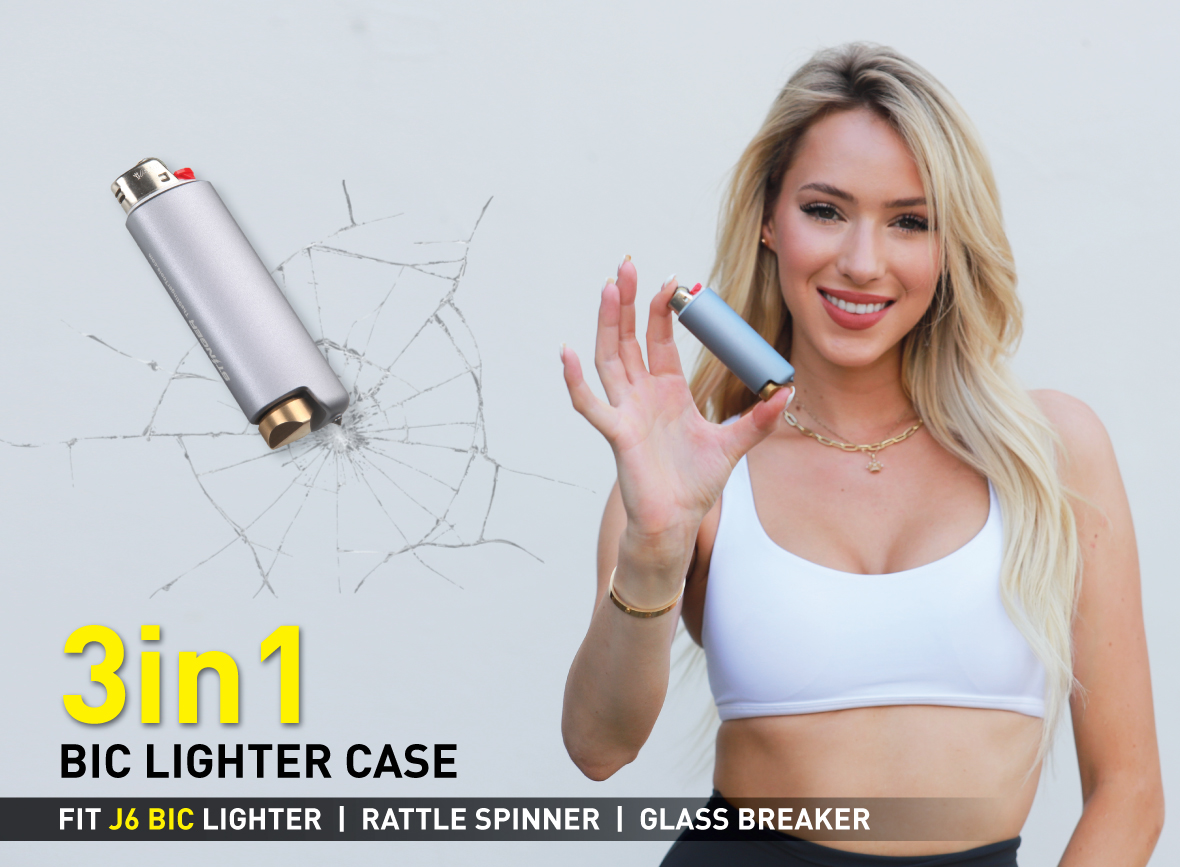 Stinger BIC Lighter Case, Lighter Cover, Lighter Sleeve, w/Car Emergency Window Breaker, Fidget Spinner End Cap, for BIC Full Size Lighter Type J6