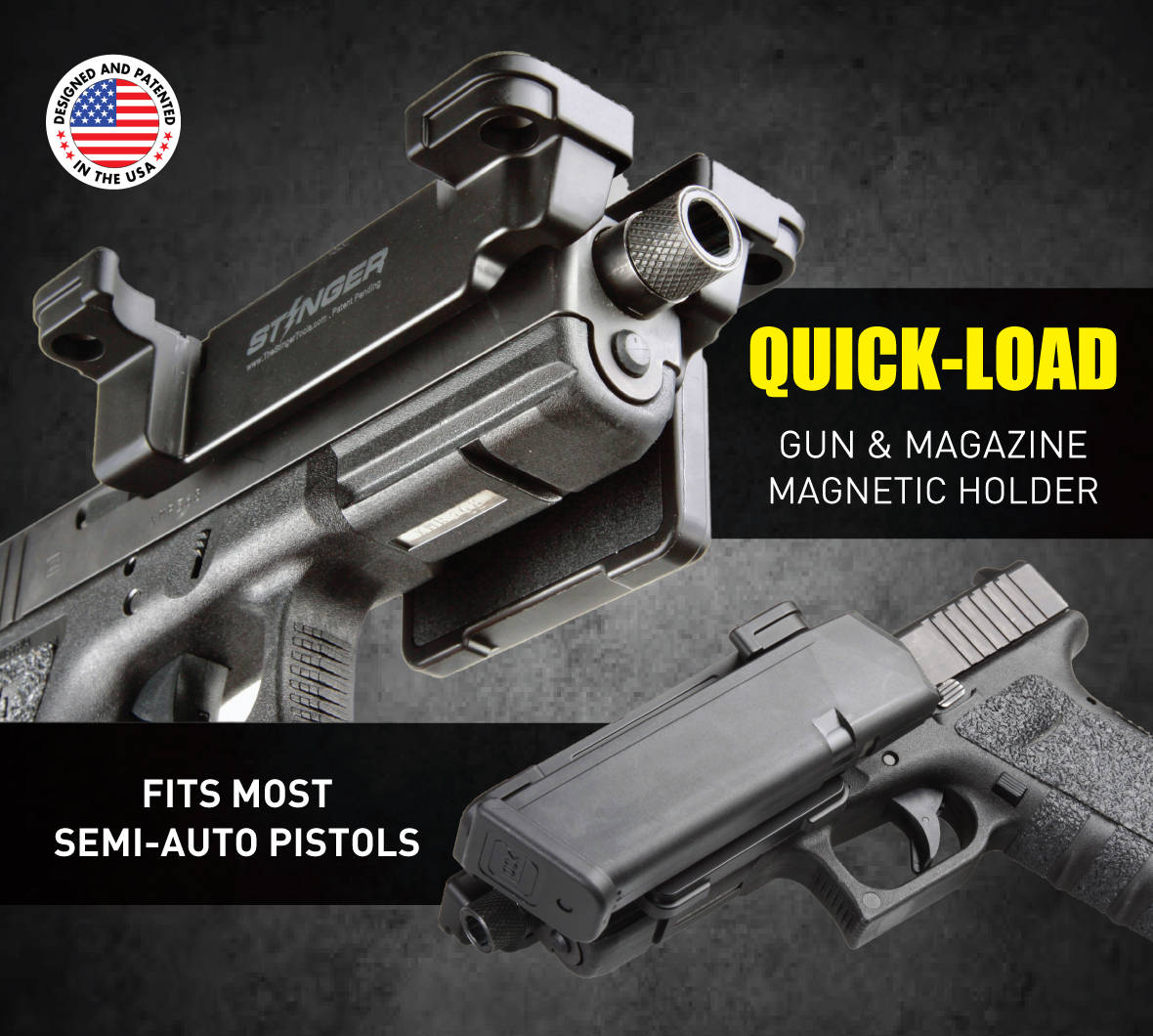 Stinger QUICK-LOAD Gun & Magazine Magnetic Holder Fits Most Semi-Auto Pistols for Left Hand and Right Hand