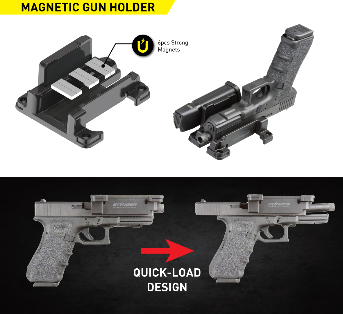 Stinger QUICK-LOAD Gun & Magazine Magnetic Holder Fits Most Semi-Auto Pistols for Left Hand and Right Hand