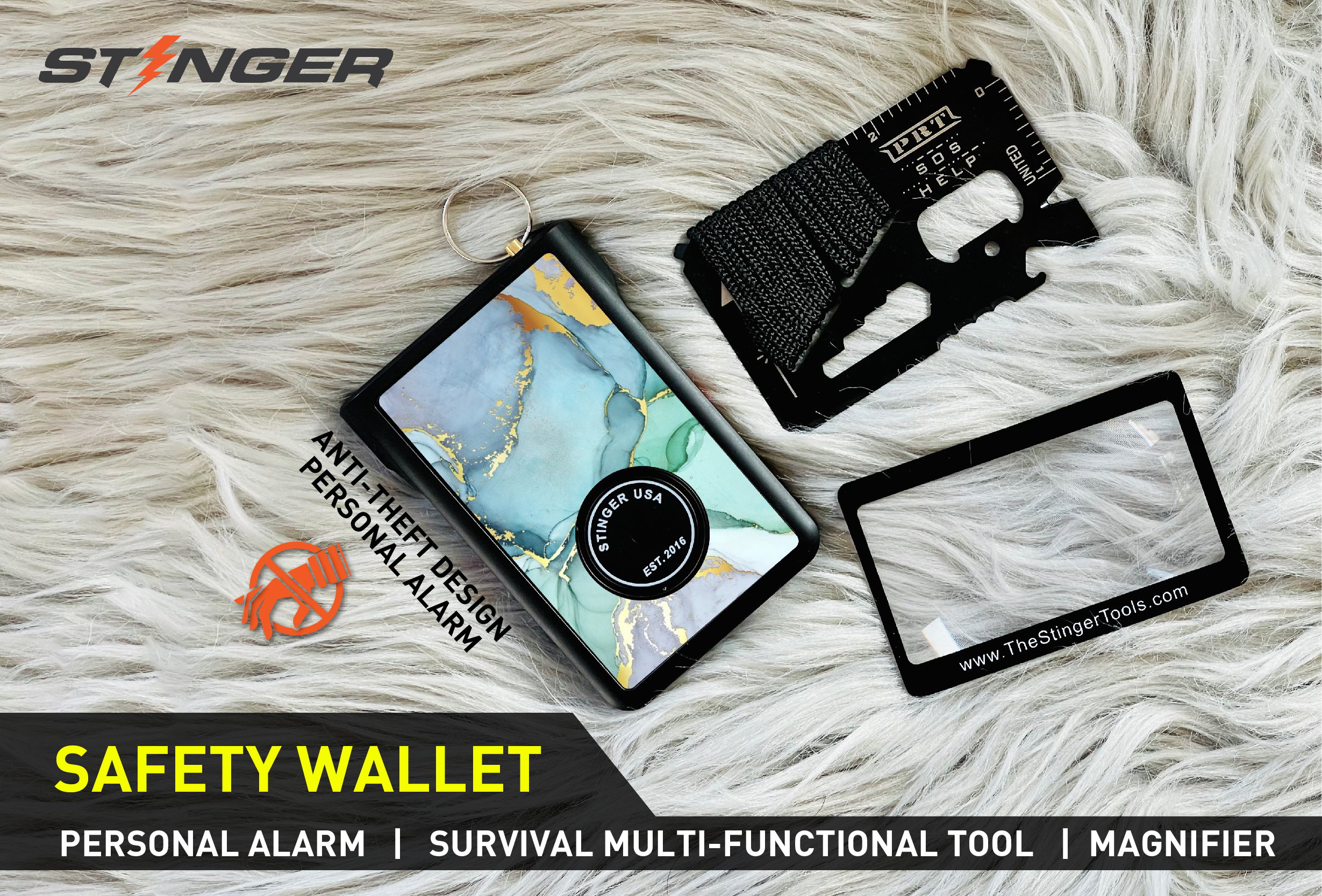 Stinger Safety Polymer Wallet with Personal Alarm Emergency Tool, Multi-functional Tool, and Magnifier, Original Design in USA