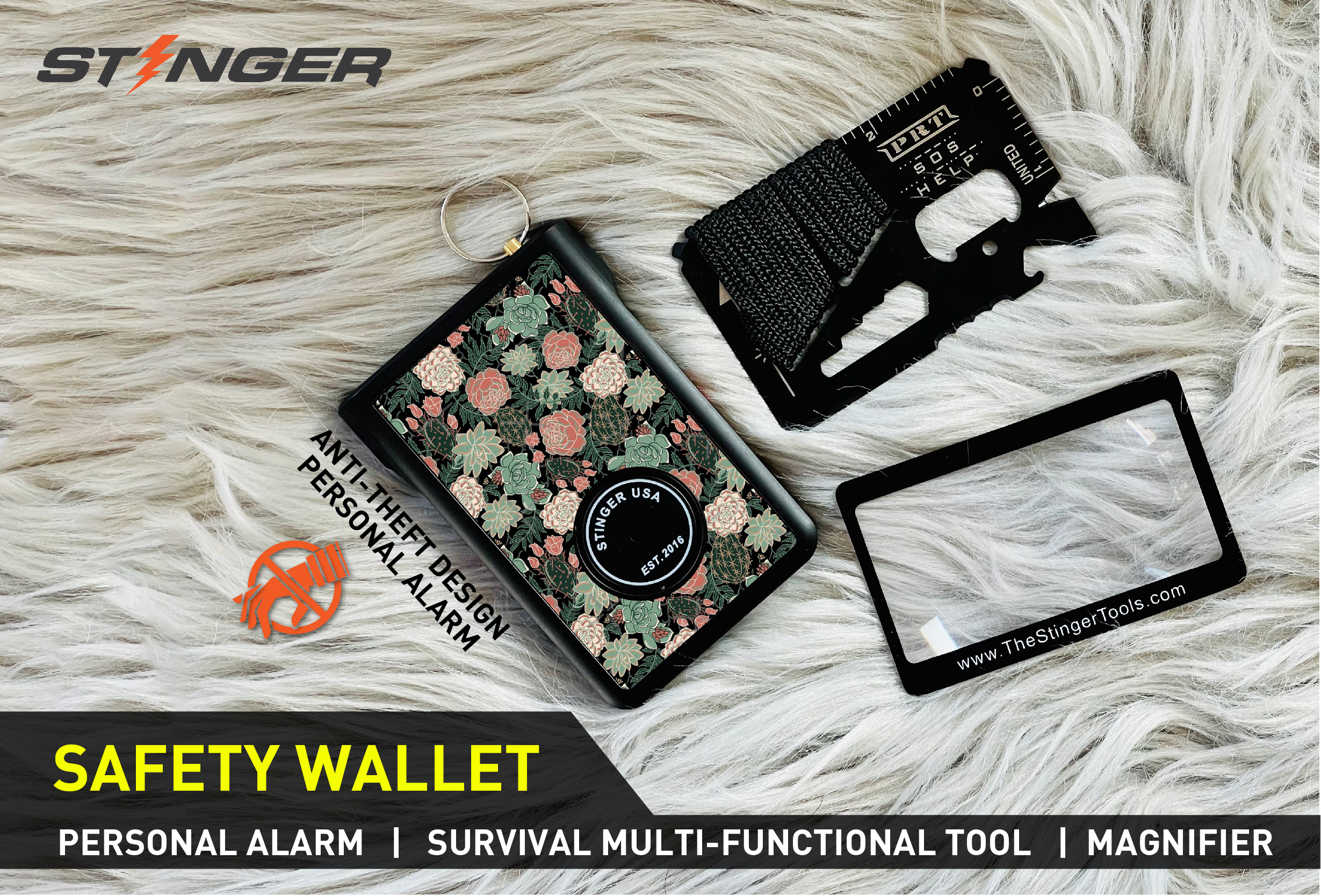 Stinger Safety Polymer Wallet with Personal Alarm Emergency Tool, Multi-functional Tool, and Magnifier, Original Design in USA