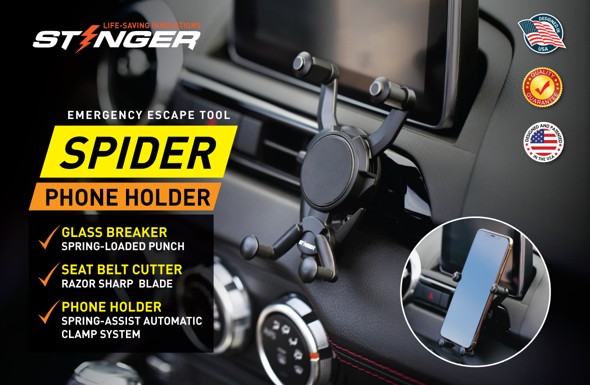Ztylus Stinger Spider 3-in-1 Car Emergency Escape Tool, Air Vent Mount Phone Holder, Spring-Loaded Window Breaker Punch, Seat Belt Cutter, Multi Function Life-Saving Rescue, Designed in USA