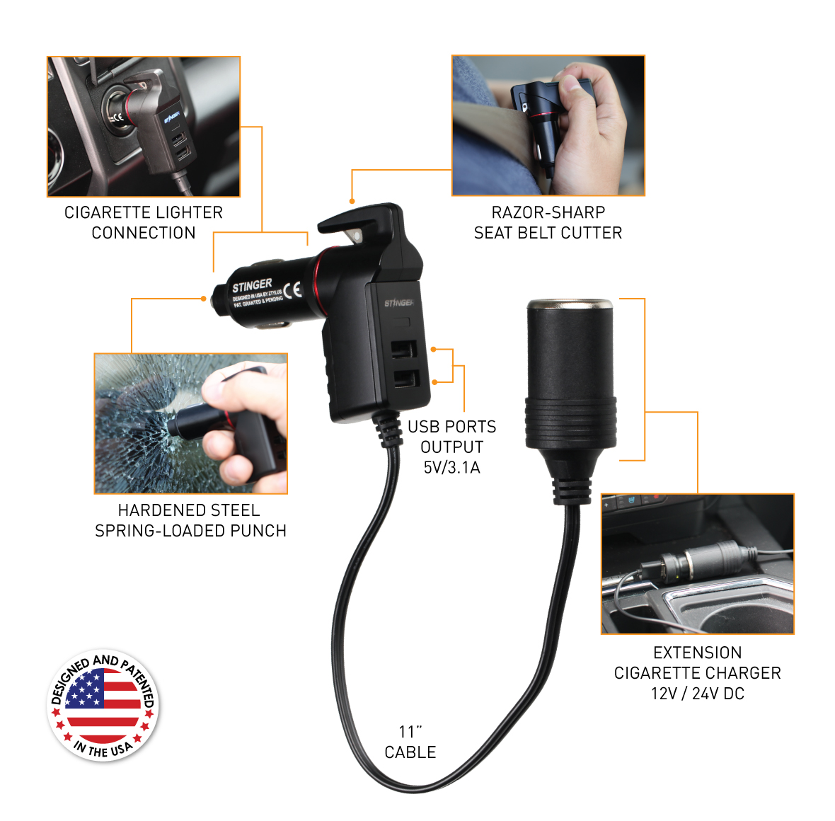 ZTYLUS STINGER EMERGENCY ESCAPE TOOL: A LIFE-SAVING INNOVATION, Extension Cigarette Lighter Connection